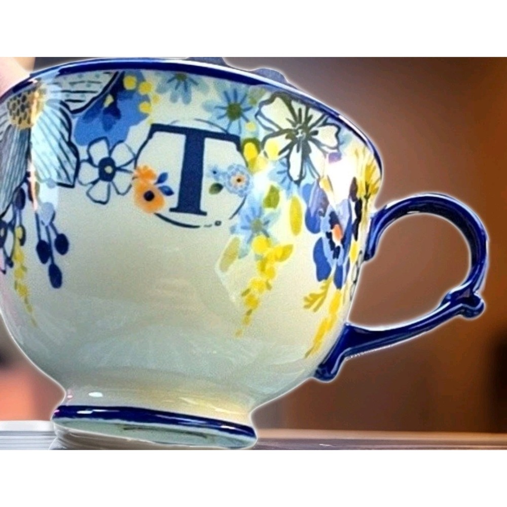 by Anthropologie Ceramic Tea Cup White Blue Floral Letter T Monogram